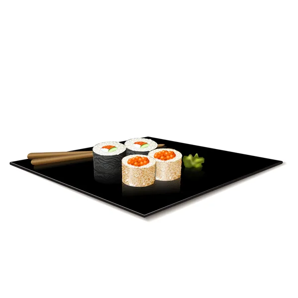 Cuisine japonaise : sushis et baguettes sur une assiette avec réflexion — Image vectorielle