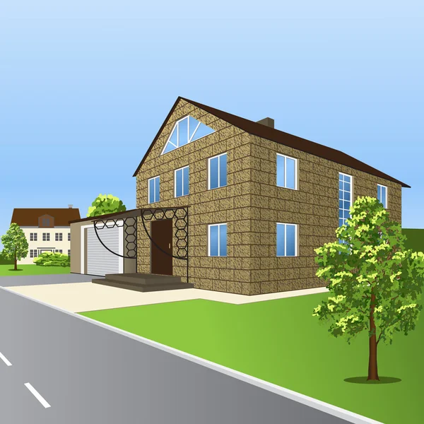Casa de bloques, con un porche y garaje en perspectiva — Vector de stock