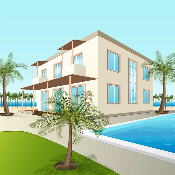 Construção de um pequeno hotel com mar e palmeiras — Vetor de Stock