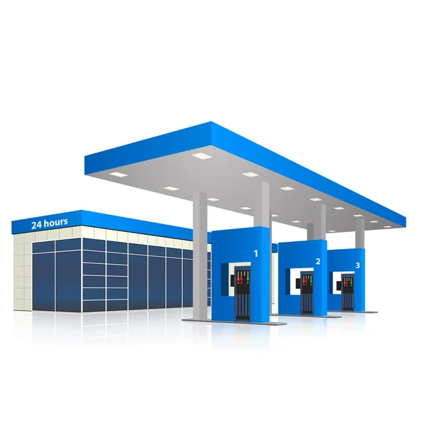 Gasolinera con una pequeña tienda y reflexión — Vector de stock