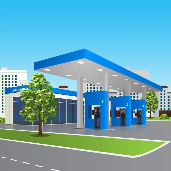 Benzine station met een kleine winkel en reflectie — Stockvector
