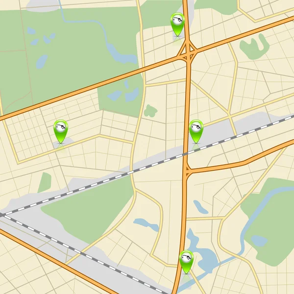 Carte de la ville avec routes, parcs et station service pointeur — Image vectorielle