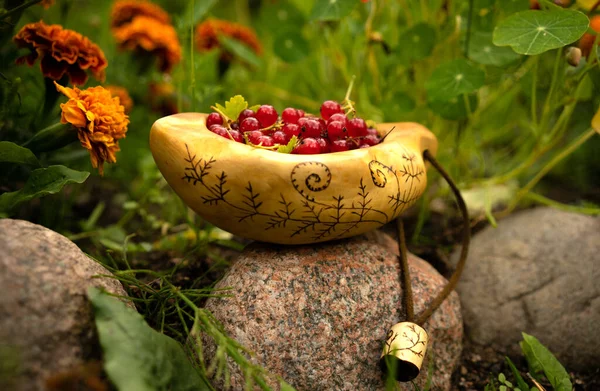 Holzbecher mit roten Beeren von roten Johannisbeeren. Sommerbeeren pflücken. Vitamine. — Stockfoto