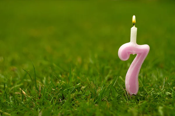Candle number seven on the green grass in the garden. Festive green background for the text for the seventh anniversary. — Stock Photo, Image