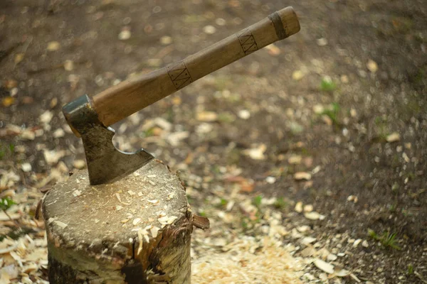 A large axe with a wooden handle is stuck into a log. Chopping wood in the garden. A lumberjacks tool. — Stockfoto
