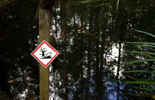 연못에서 물고기의 죽음에 대한 경고 라벨. 호수에 있는 유독 한물. — 스톡 사진