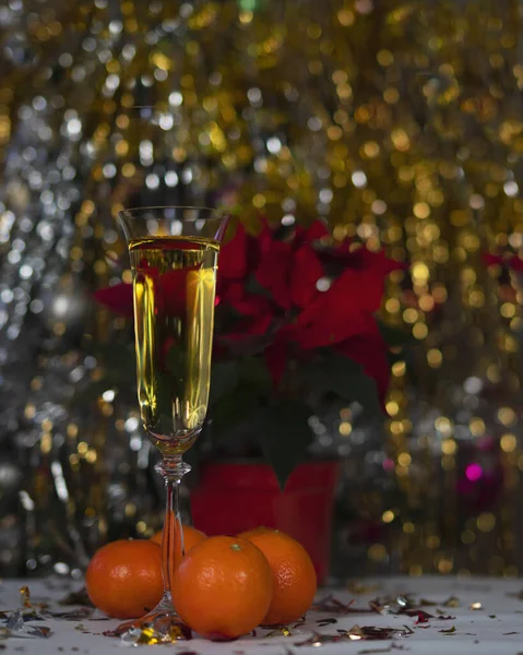 Christmas Still Life Champagne Mandarins — Zdjęcie stockowe
