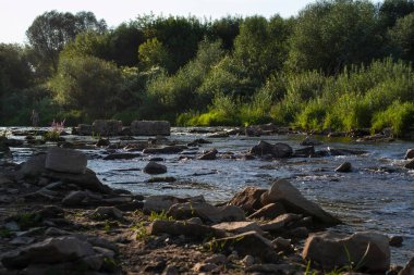 Nehir ve taştan bir bankayla yaz günü
