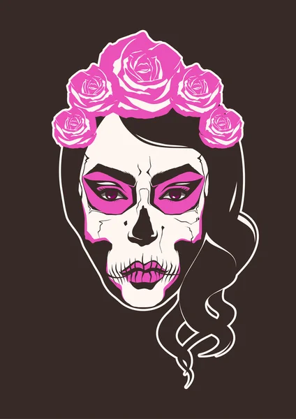 Día de la mujer muerta con pintura de la cara del cráneo de azúcar — Vector de stock