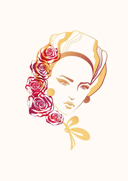 Belle fille avec des roses dans les cheveux — Image vectorielle