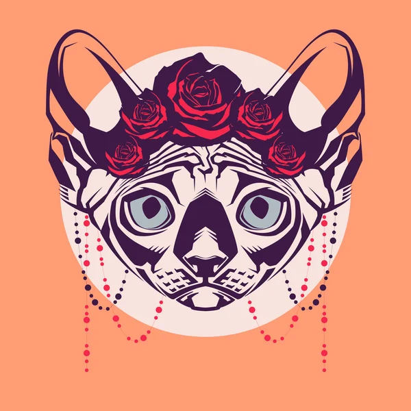 Retrato de moda de gato en una corona de rosas y perlas — Vector de stock