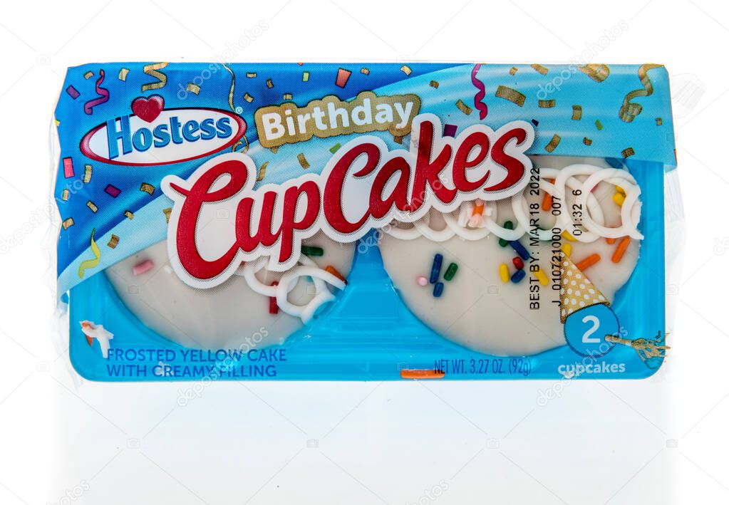 Winneconne, WI -6 March 2021: A package of Hostess birthday cupcakes on an isolated background