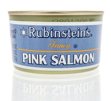 Winneconne, WI -19 Mart 2021: İzole edilmiş arka planda bir kutu pembe somon balığı