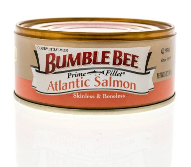 Winneconne, WI -10 Nisan 2022: İzole edilmiş arka planda bir kutu Bumble Beal Fileto Atlantik Somonu