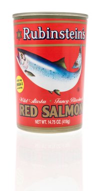 Winneconne, WI -10 Nisan 2022: İzole edilmiş arka planda bir kutu Rubinstein kırmızı somonu