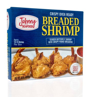 Winneconne, WI -23 Nisan 2022: İzole bir arka planda Johnny deniz mahsulleri karidesi paketi