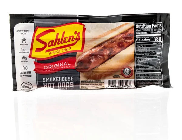 Winneconne Kwietnia 2022 Pakiet Oryginalnych Hot Dogów Sahlens Wieprzowiny Wołowiny — Zdjęcie stockowe