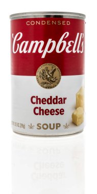 Winneconne, WI -23 Nisan 2022: Bir kutu Campbell çedar peyniri izole edilmiş arka planda yoğunlaştırılmış çorba