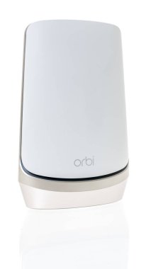 Winneconne, WI - 20 August 2022:  A Package of Netgear Orbi AXE11000 RBKE963 the ulitmate in smart home WIFI quad band mesh wifi system on an isolated background.