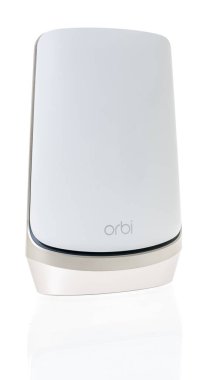 Winneconne, WI - 20 August 2022:  A Package of Netgear Orbi AXE11000 RBKE963 the ulitmate in smart home WIFI quad band mesh wifi system on an isolated background.