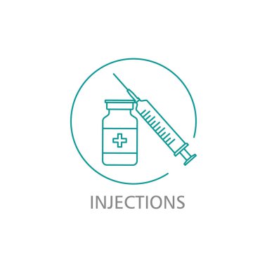 Düz stil iğnesi ve şişesi olan plastik tıbbi şırınga, aşı konsepti, enjeksiyon, izole vektör illüstrasyonu