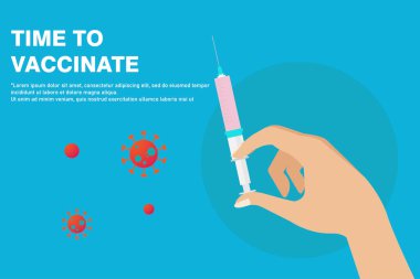 Pankartı aşılama zamanı. Doktor elleri şırınga ve şırınga ile lastik eldiven takıyor grip aşısı, grip virüsü tedavisi için, vektör düz çizim. Aşılama kavramı.