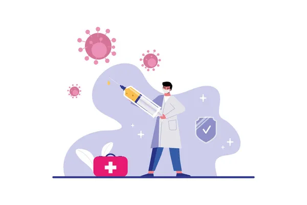  Kadın doktor elinde şırınga ile ilaç, kadın karakterler konsepti ve beyaz arka planda düz vektör çizimi tutuyor. Tıbbi personel, tek kullanımlık şırınga, web pankartı, poster....