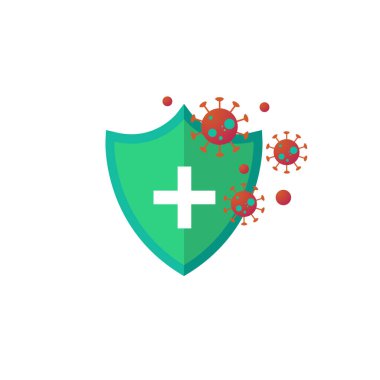  Aşı konsepti. Dokunulmazlık kampanyası. Aşı aşısı. Sağlık ve koruma. Aşı şişesi koruma kalkanı ve virüslü bir şırınga. Tıbbi tedavi. Düz vektör illüstrasyonu.