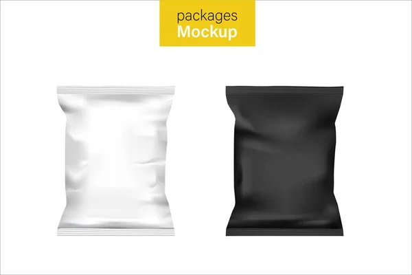 Boş beyaz ve siyah gerçekçi folyo aperatif paketleme beyaz bir arkaplan üzerinde izole tasarım ve markalaşma için boşluk.