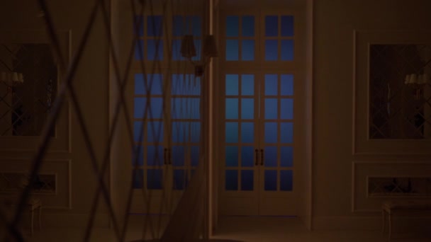 Utsikt över glasdörrarna, bakom vilken det finns en fest med ljus musik. — Stockvideo