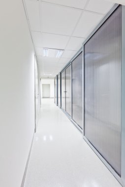 bir tarafta cam kapı ile modern beyaz uzun koridor