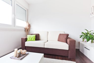 kahverengi cushio ile oturma odasında beyaz ve kahverengi kumaş koltuk