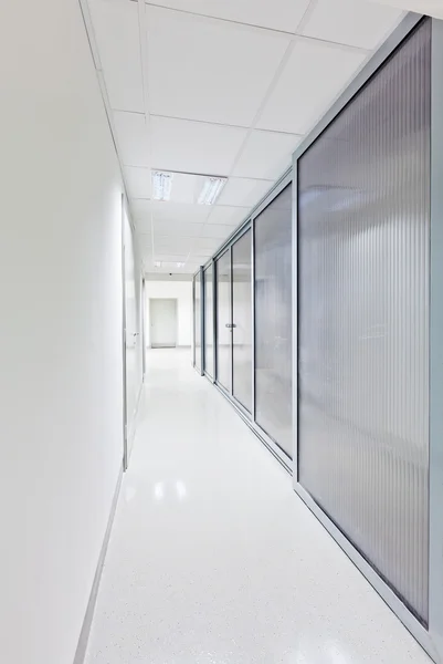 Nowoczesny biały długi korytarz z drzwiami szklanymi z jednej strony — Zdjęcie stockowe