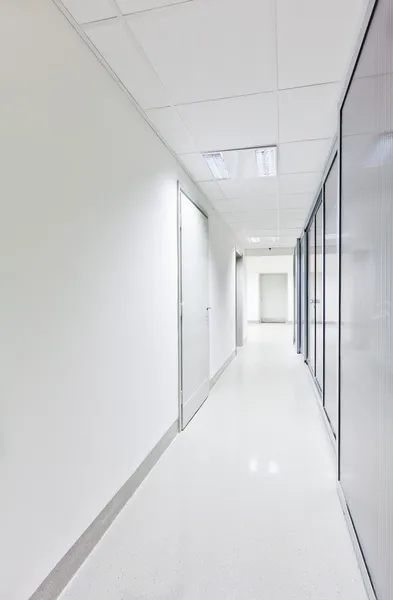 Moderno pasillo largo blanco con puertas de vidrio en un lado —  Fotos de Stock