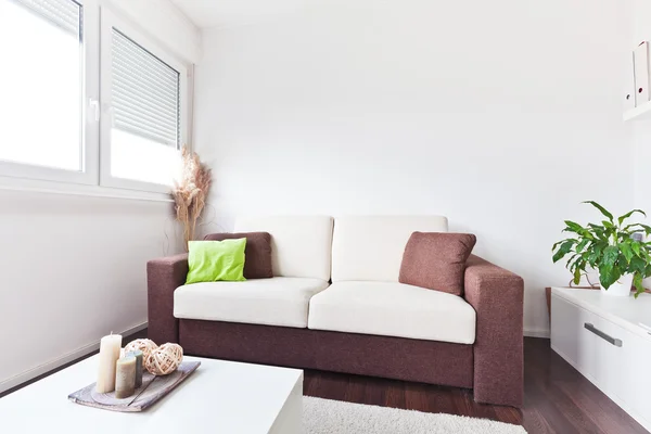 Weißes und braunes Stoffsofa im Wohnzimmer mit braunem Polster — Stockfoto