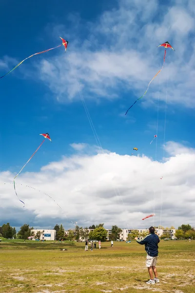 STEVESTON, CANADA - MAY 13, 2007: Unidentified man playing with kites on the Garry Point Park kite field in Steveston — Stock Photo, Image