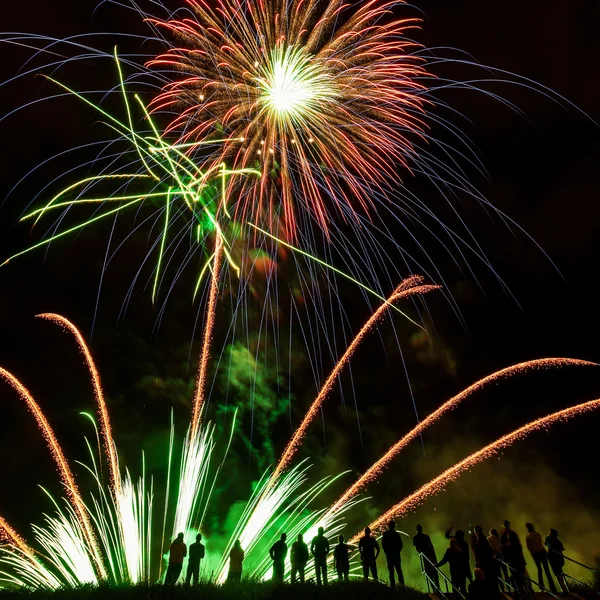 Enormes fuegos artificiales de colores contra el cielo nocturno —  Fotos de Stock