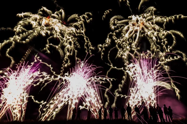 Grandes fuegos artificiales con siluetas de gente mirándolo —  Fotos de Stock