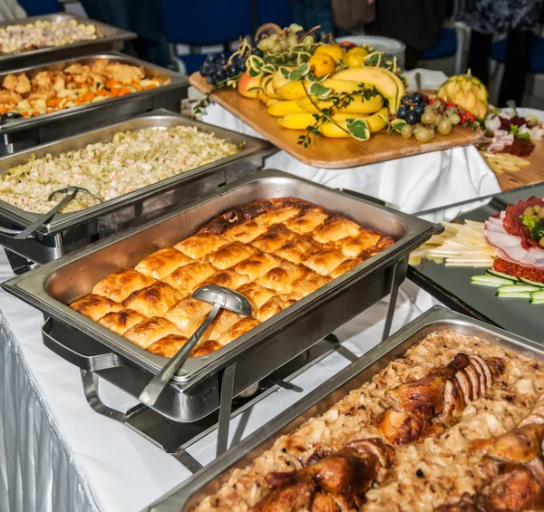 Food served on the table - a.k.a. swedish table: meat, rice, pas — Stock Photo, Image