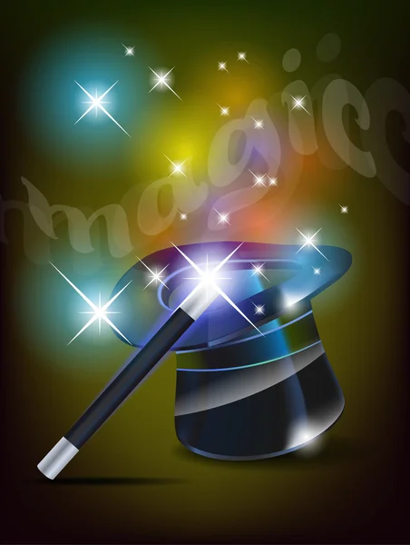 Chapeau magique brillant et baguette magique — Image vectorielle
