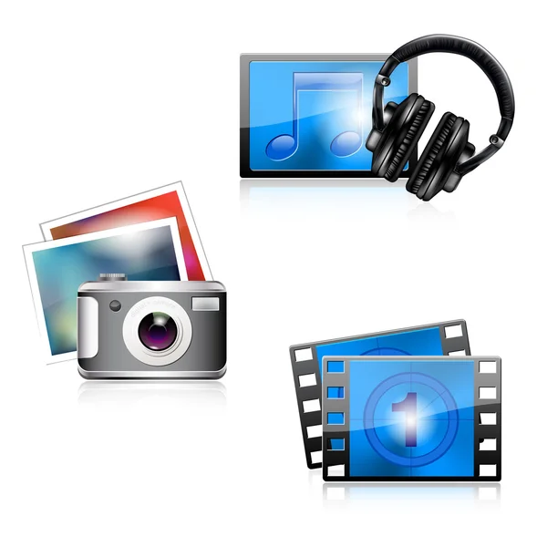 Set of glossy media icons - photo, music, video — Stock Vector