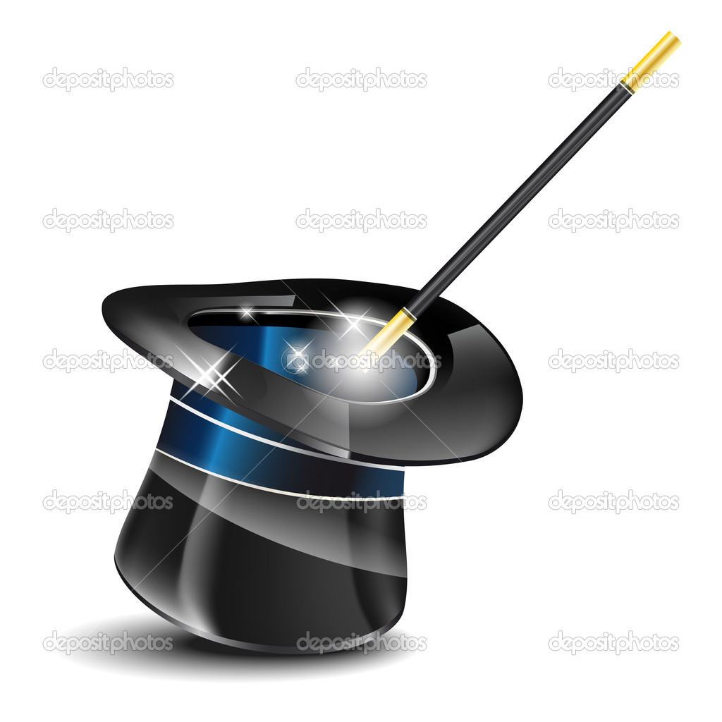 Glossy magic hat and wand on white background