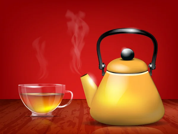 Sárga fém teáskanna, üveg csésze tea — Stock Vector