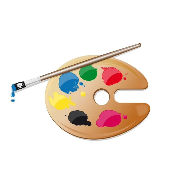Paleta de pintores con colores y pincel — Vector de stock