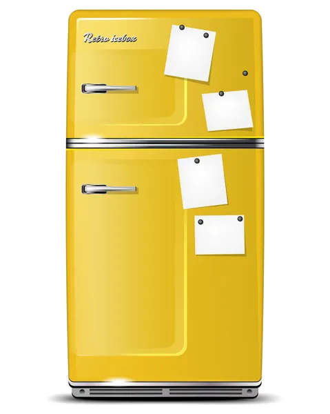 Gelber Retro-Kühlschrank mit Papieraufklebern für Ihre Nachrichten — Stockvektor