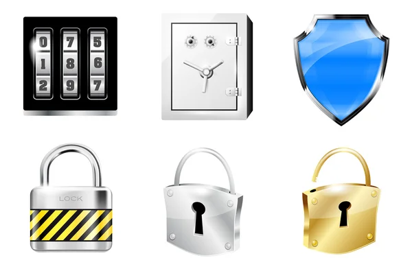Seis iconos en estilo metal brillante - concepto de seguridad — Archivo Imágenes Vectoriales