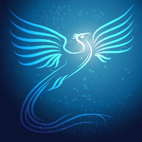Brilhando pássaro Phoenix abstrato no fundo azul com estrelas — Vetor de Stock