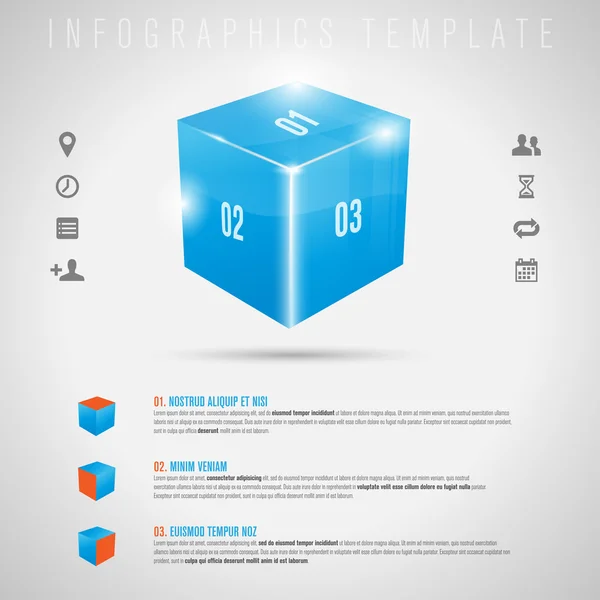 Cube brillant abstrait 3D et icônes grises - modèle d'infographie — Image vectorielle