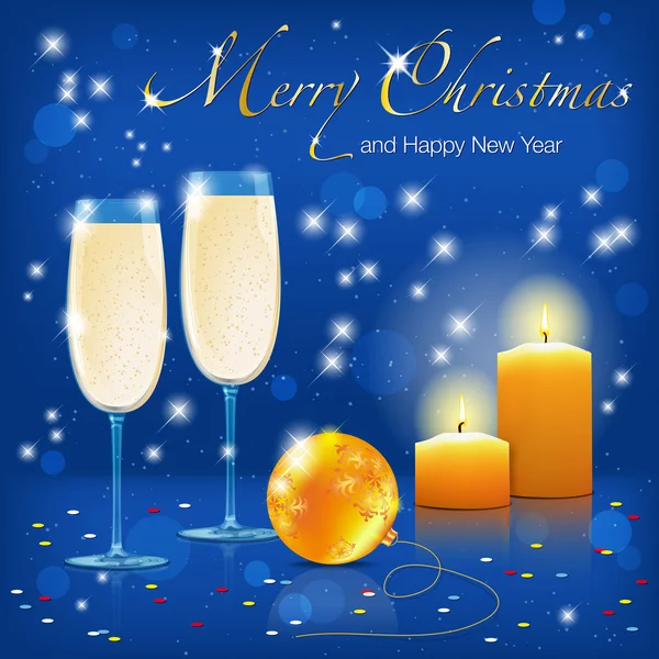 Christmas blue greeting with champagne, candles and decorations — Stock Vector