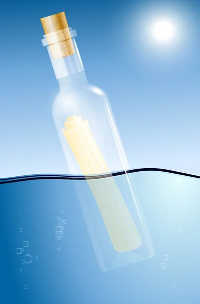 Botschaft in einer Glasflasche auf der Wasseroberfläche — Stockvektor